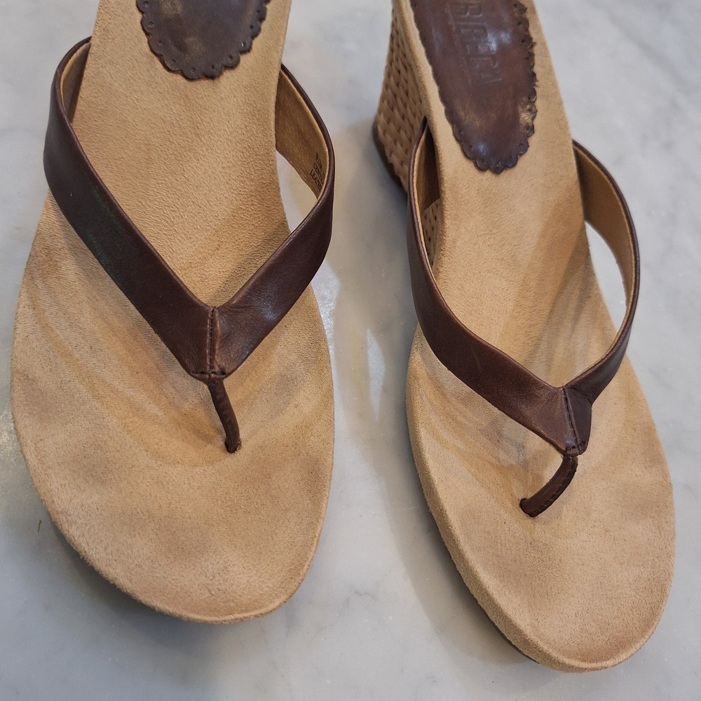 Tribeca Wedge Sandals Women 9.5 Brown Leather Woven Straw Central Park Slides - Picture 3 of 10